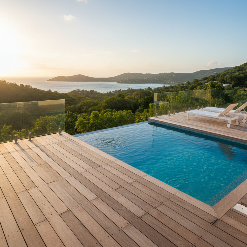 A close-up of a modern villa terrace finished in weathered teak, with a seamless tempered glass railing offering unobstructed views of the Samaná bay and lush forested hills. The terrace features a built-in plunge pool with sparkling azure water and a few crisp white loungers. Warm late afternoon light gently glows across the wood grain and water’s surface, casting serene shadows across the space. Shot from a low, wide-angle perspective, the composition centers the horizon beyond, inviting contemplation and showcasing the tranquility of indoor-outdoor living. The style is clean, contemporary, and elegant.