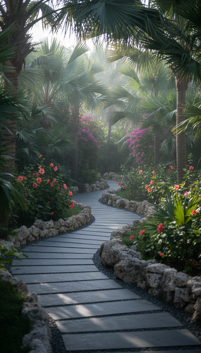 A serene view of a private tropical garden at Blue Horizon Bleu, featuring a minimalist pathway made of smooth slate stones winding through dense, verdant palms and vibrant flowering shrubs. The garden is bordered by elegant, low stone walls that blend seamlessly into the landscape. Diffused early morning light filters through the foliage, creating intricate dappled patterns on the path and a cool, refreshing atmosphere. The composition utilizes rule of thirds with a shallow depth of field, focusing on the lush textures and rich greens. The overall style captures a sophisticated, natural aesthetic, evoking peace, privacy, and integration with the environment.