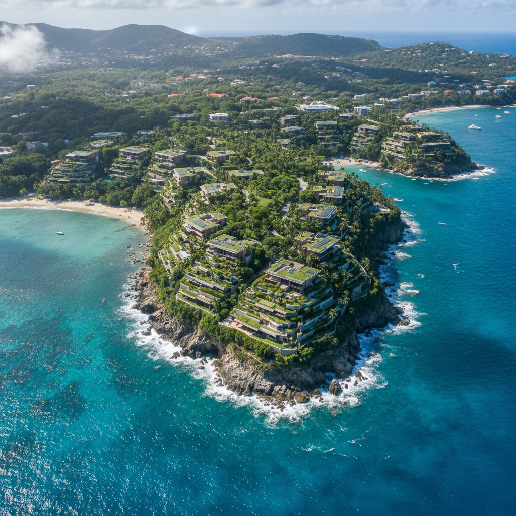 An overhead drone shot of the Blue Horizon Bleu residential enclave, highlighting the harmonious placement of modern villas within the tropical peninsula—each villa blends into the green landscape with eco-friendly rooftops and private gardens, cascading down towards the rocky coastline. The ocean glimmers under midday sun, with cloud shadows playing across the land. The image is sharp, dynamic, and expansive, caught with a bird’s eye view to showcase the project’s scale, layout, and lush natural surroundings. This composition conveys exclusivity, environmental respect, and a modern lifestyle immersed in nature.