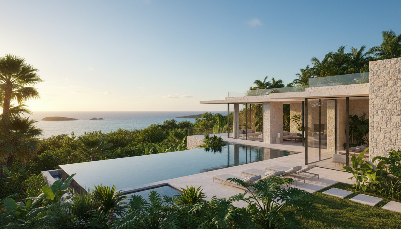 An architectural panorama of a modern luxury villa constructed with light-hued natural stone and floor-to-ceiling glass walls, featuring a geometric infinity pool reflecting the surrounding lush tropical greenery. The villa sits atop a gently sloping hill within the Samaná peninsula, overlooking turquoise sea visible in the distance. Bathed in the soft glow of golden hour, warm sunlight accentuates the villa’s clean lines and lush landscaping, casting gentle elongated shadows. The mood is tranquil, refined, and harmonious with nature. Captured from a slightly elevated angle allowing for a sweeping view, with sharp focus and vibrant colors throughout. The artistic style emphasizes clean, modern, and sophisticated realism to reflect exclusivity and connection to nature.
