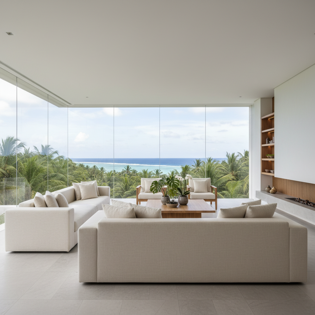 A calming scene featuring the interiors of a Blue Horizon Bleu villa’s living room, with large frameless windows that pull in panoramic views of dense palms and ocean blues. The space is furnished with sleek, cream-toned linen sofas, smooth stone flooring, and a teak coffee table holding a few tropical plants. Soft natural daylight fills the space, reflecting off minimalistic, matte-white walls and illuminating subtle wood textures. Captured at eye level with balanced framing, the mood exudes modern comfort, openness, and seamless indoor-outdoor integration. The artistic approach is contemporary island luxury, pristine and inviting.